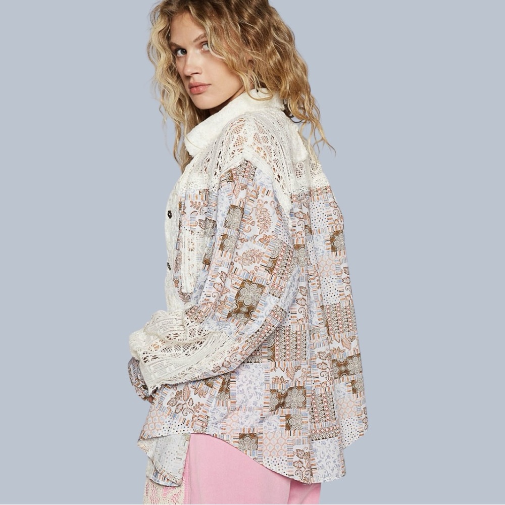 POL Unique Long Sleeve Contrast Crochet Woven Print Shirt - Picture 5 of 6